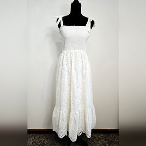 Pink Lily White Eyelet Midi Dress Smocked Tie Strap Cottagecore Size M